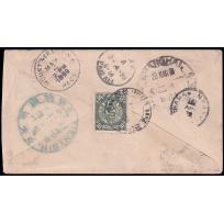 1899  Mar. 25 Cover sent from Tangshan to USA, franked on reverse with 10c Coiling Dragon stamp tie...